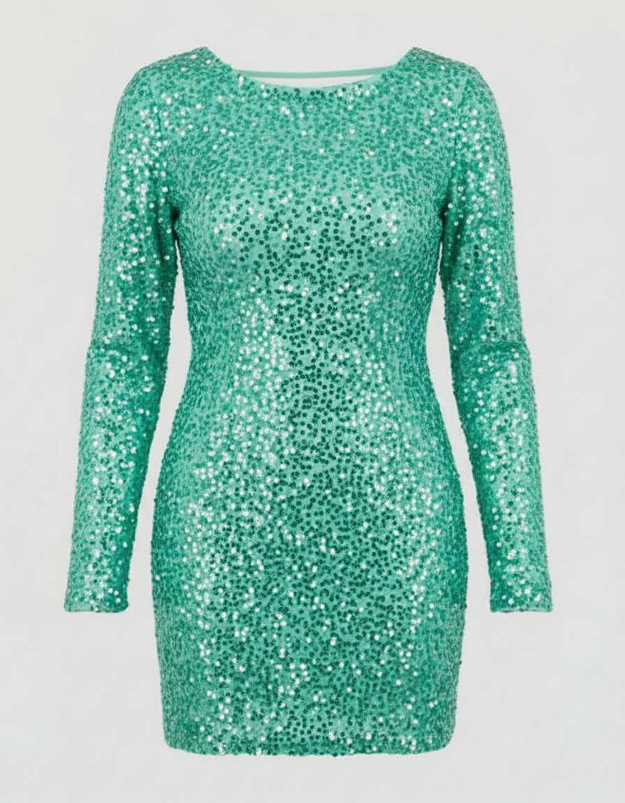 Back view of a women's festive open-back sequin mini dress, showing its alluring design for special occasions.
