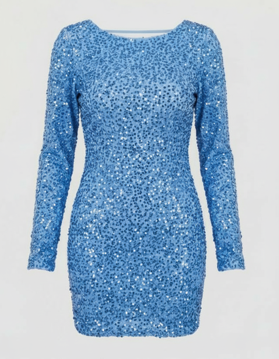 Front view of a dazzling women's long sleeve sequin mini dress, a chic and festive outfit for night outs.