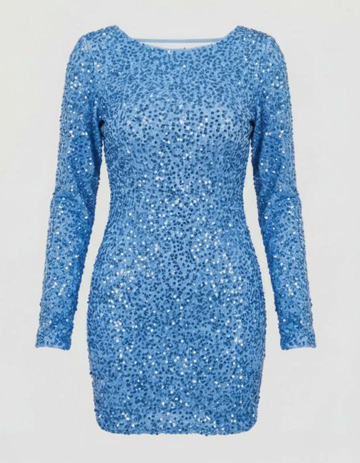 Front view of a dazzling women's long sleeve sequin mini dress, a chic and festive outfit for night outs.