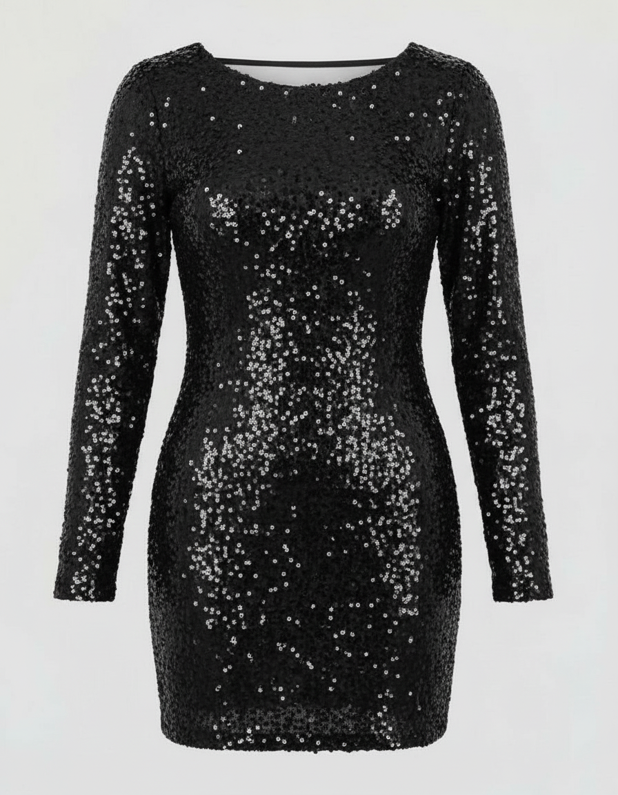 Full shot of a women's dazzling sequin mini dress, highlighting its glamorous appeal and open-back style.