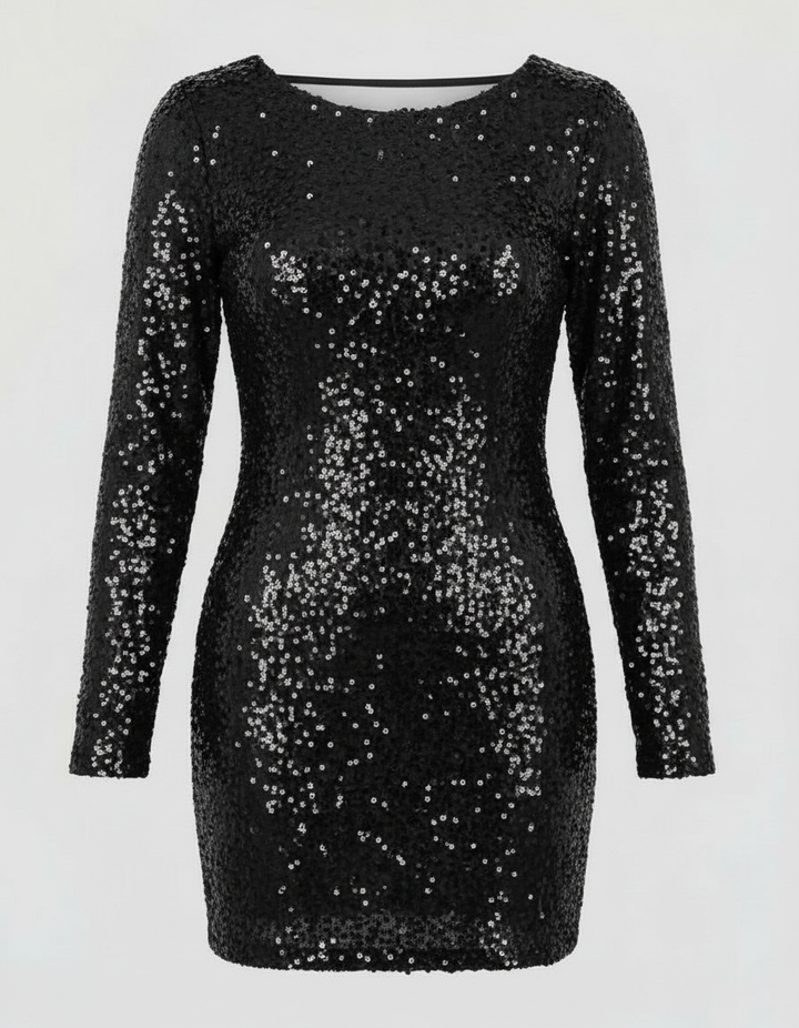 Full shot of a women's dazzling sequin mini dress, highlighting its glamorous appeal and open-back style.
