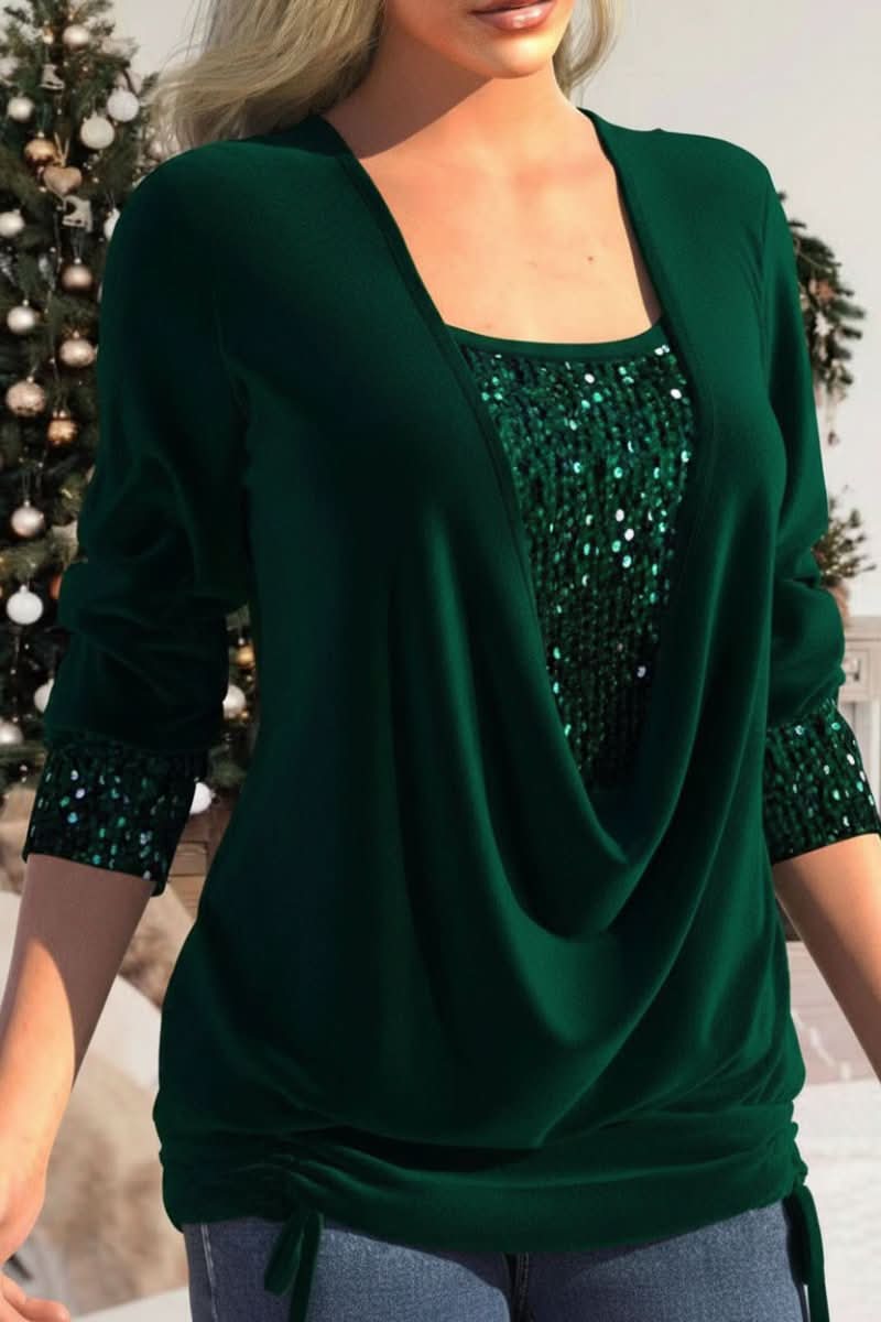 Women's sequin long sleeve top, dazzling with a plunging neckline. Perfect for evening parties & events.