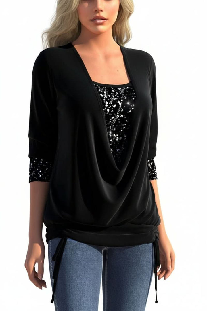 Stylish women's long sleeve sequin top featuring a dramatic plunging neck, perfect as a glamorous party statement piece.