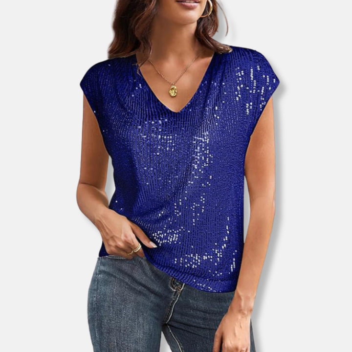 Women's dazzling sequin V-neck top for glamorous evening parties & special occasions. Shimmering & elegant.