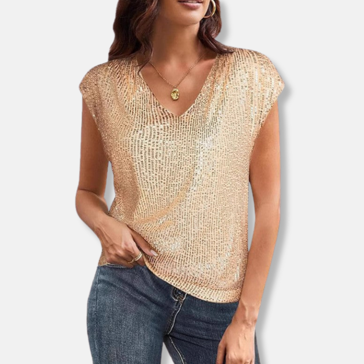 Glamorous women's sequin V-neck top with dazzling shimmer. Ideal elegant party top for holidays & evenings.