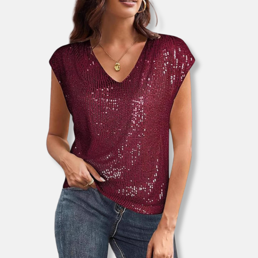 Dazzling sequin V-neck top for women. Elegant and glamorous, perfect for evening parties & special occasions.