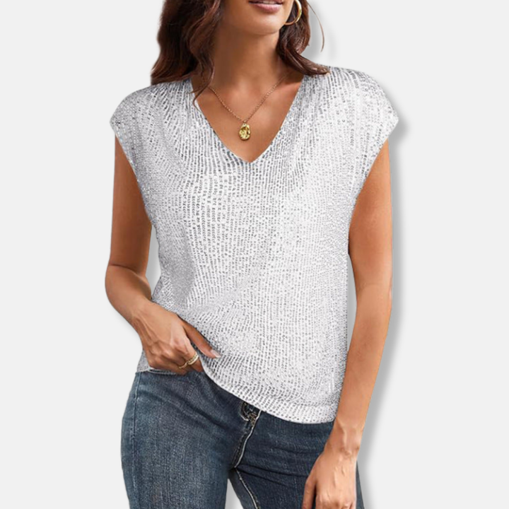 Shimmering women's V-neck sequin top. Dazzling, elegant, & glamorous for evening parties & special occasions.
