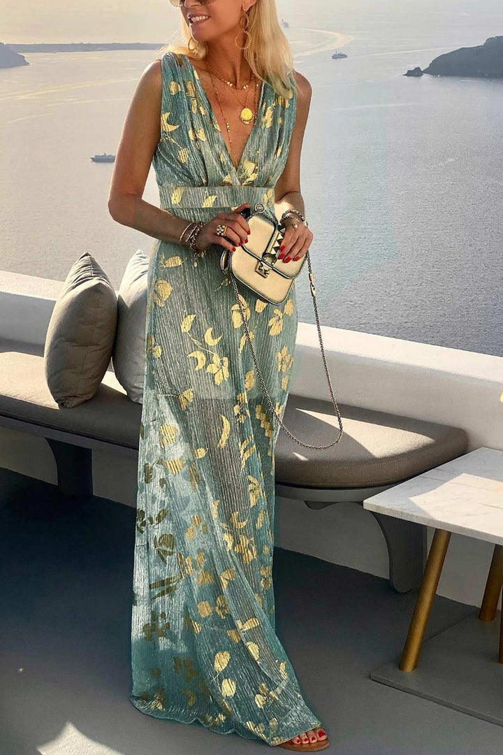 Women's Deep V-Neck Golden Star Tank Dress, a stylish sleeveless summer dress with metallic star print.