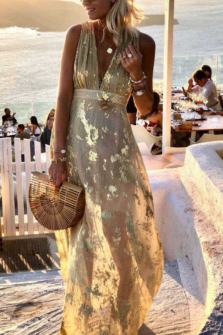 Casual chic women's deep V-neck tank dress, perfect for summer parties or vacation wear, golden star print.
