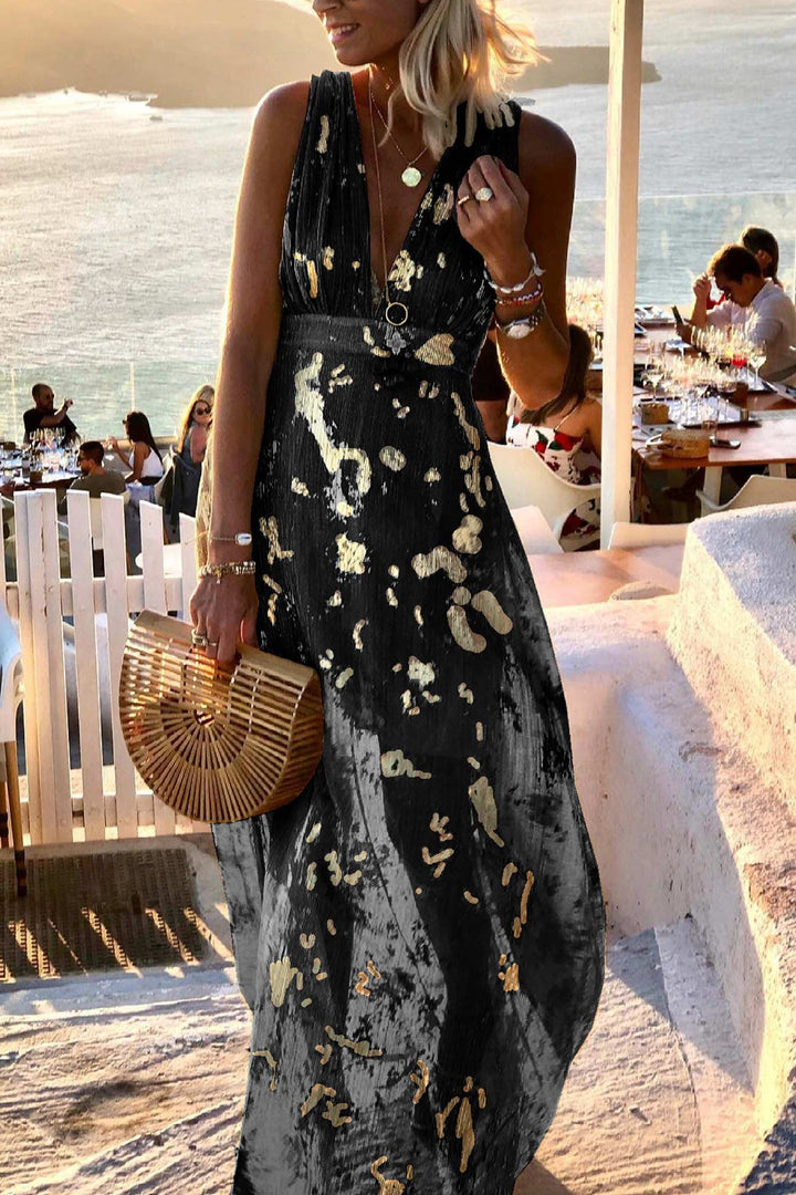 Sleeveless women's tank dress featuring a deep V-neckline and elegant golden star metallic print.