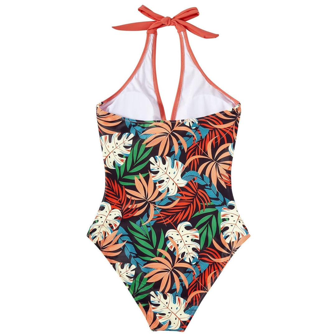 Flattering deep V one-piece swimsuit for women, perfect for pool parties.