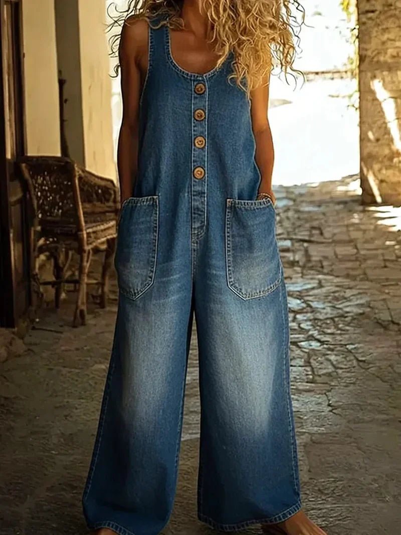 Comfortable women's denim casual jumpsuit with scoop neck, sleeveless design, ideal for relaxed summer fashion.