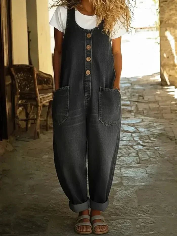Versatile women's loose-fit denim jumpsuit featuring a scoop neck, sleeveless design, and stylish button front.