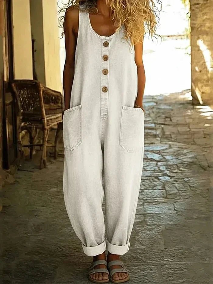 Easy-wear women's denim scoop neck sleeveless jumpsuit, offering a relaxed loose fit for ultimate casual comfort.