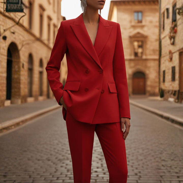 Fashionable women's double-breasted blazer and straight leg pants, ideal for professional settings.