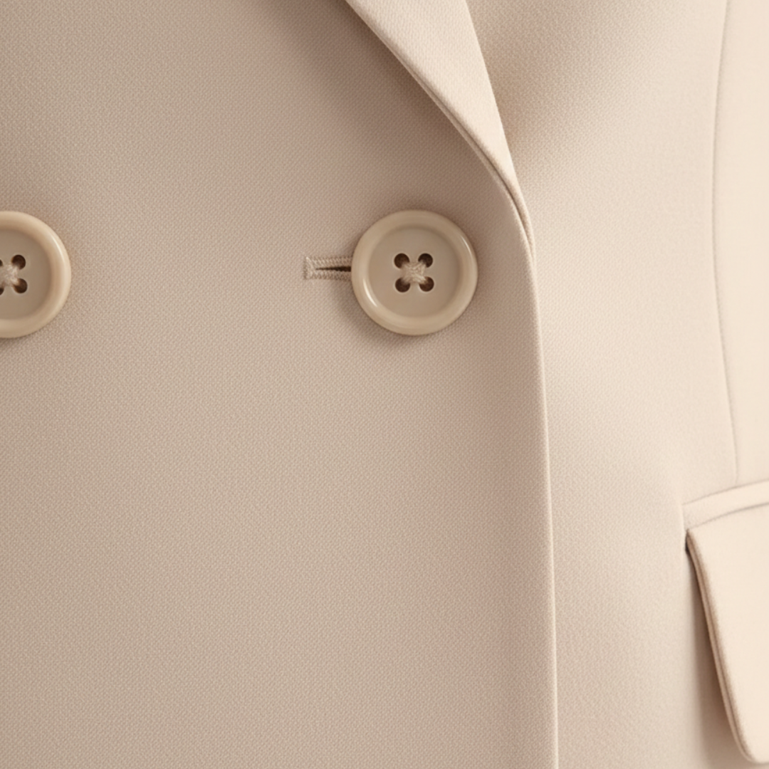 Sophisticated women's business attire: a chic double-breasted blazer and matching straight leg pants.