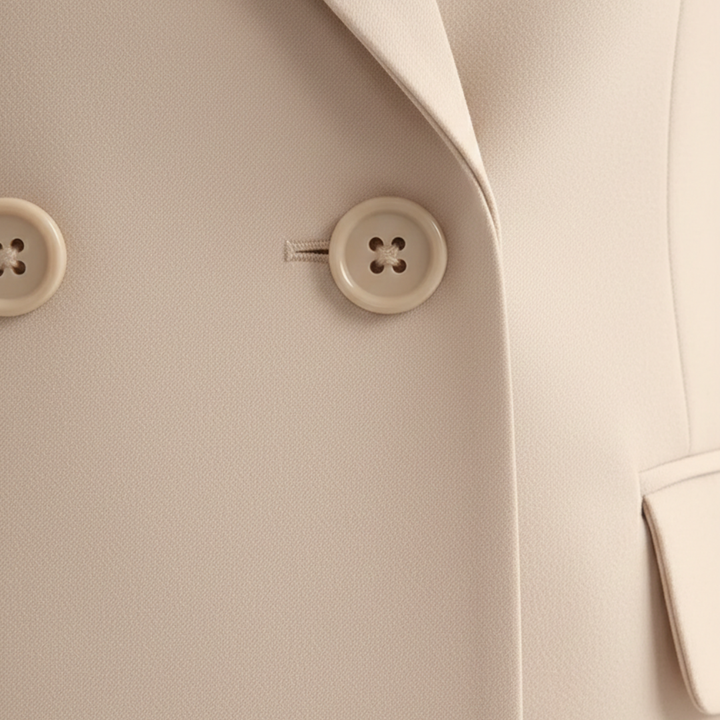 Sophisticated women's business attire: a chic double-breasted blazer and matching straight leg pants.
