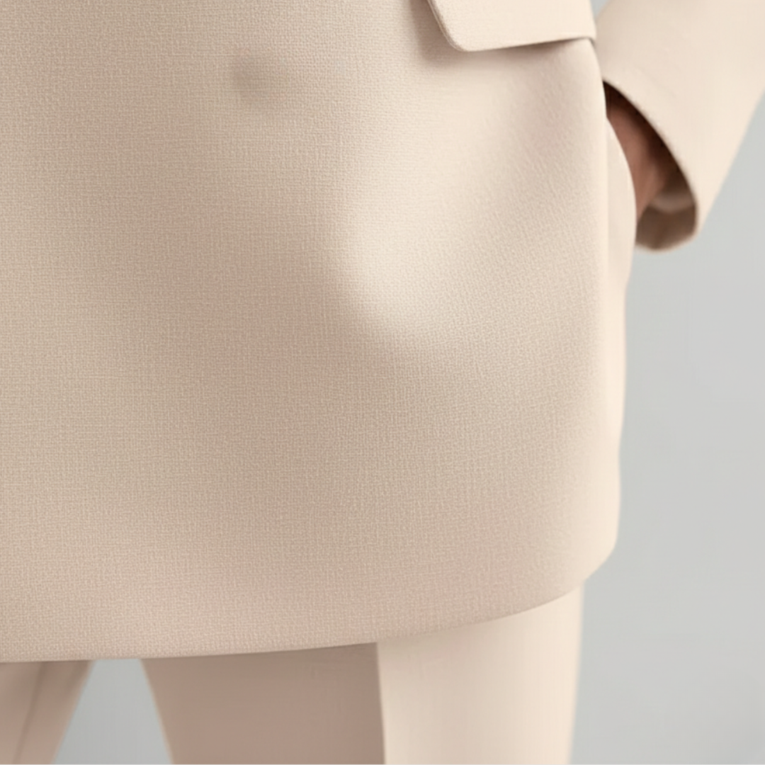 Professional women's power suit featuring a stylish double-breasted blazer & comfortable straight leg pants.