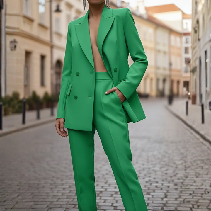 Full shot of a women's suit set: a smart double-breasted blazer & versatile straight leg pants.