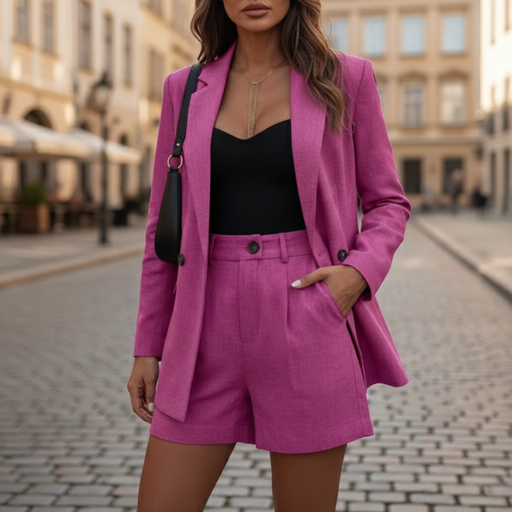 Modern women's double-breasted blazer & tailored shorts suit set. Chic two-piece summer business outfit.