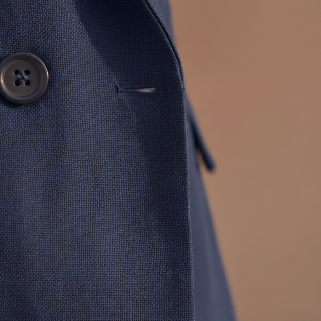 Stylish women's summer outfit: double-breasted blazer & matching tailored shorts suit set.