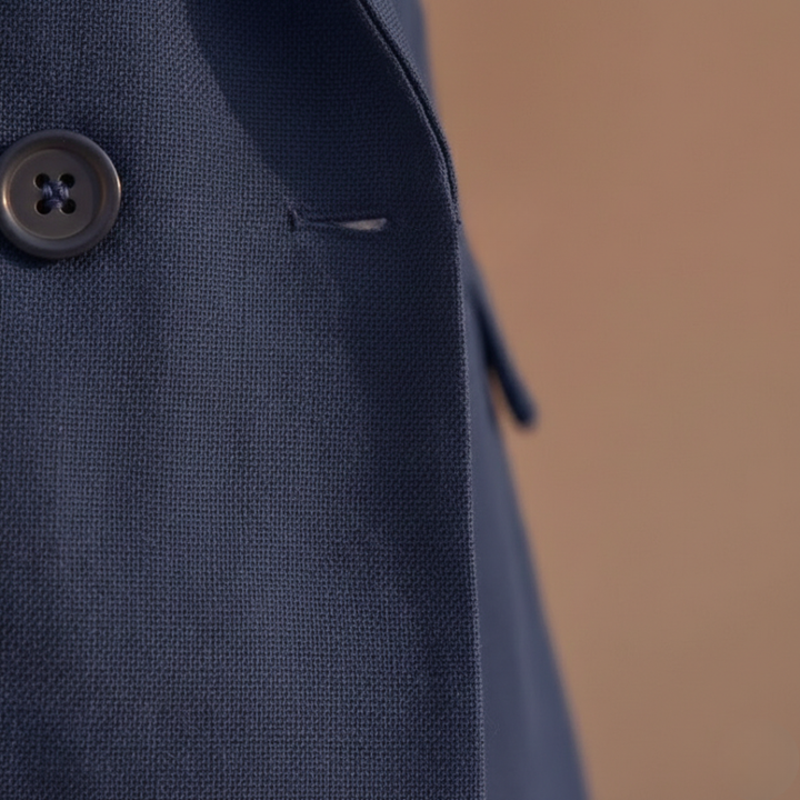 Stylish women's summer outfit: double-breasted blazer & matching tailored shorts suit set.