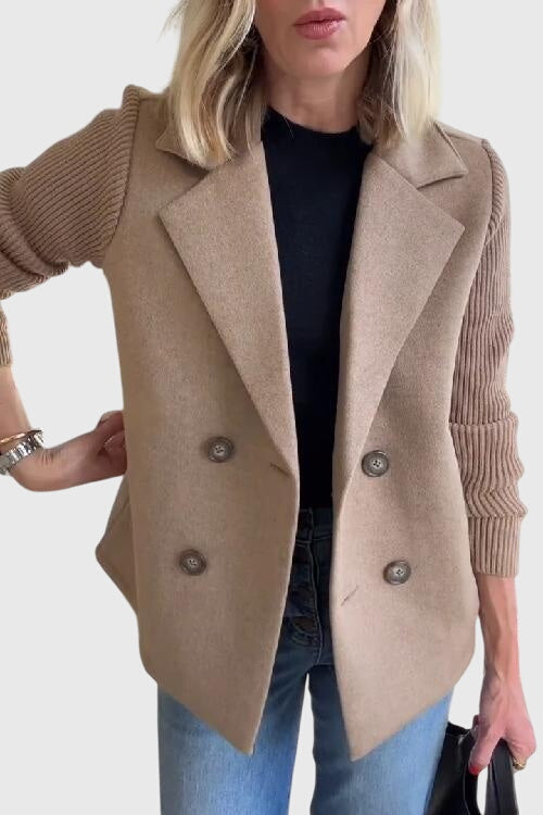 Business casual women's double-breasted blazer with unique comfy contrast sleeves.