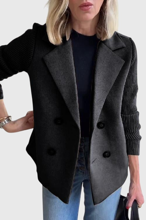 Stylish women's jacket: double-breasted design & comfortable contrast sleeves. Elegant outerwear.