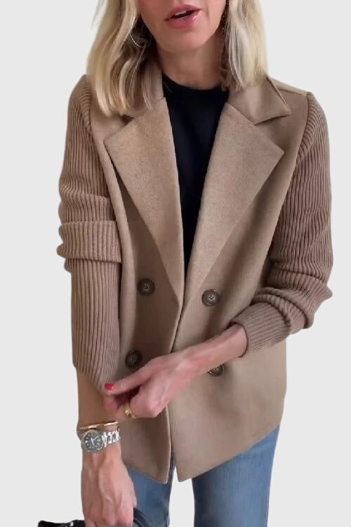 Elegant women's tailored blazer: double-breasted cut & unique comfy contrast sleeves for fashion.