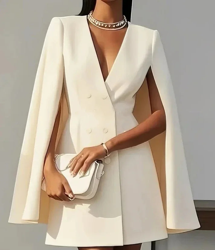 Women's double-breasted mini dress with elegant cape sleeves, perfect for cocktail parties or office wear.