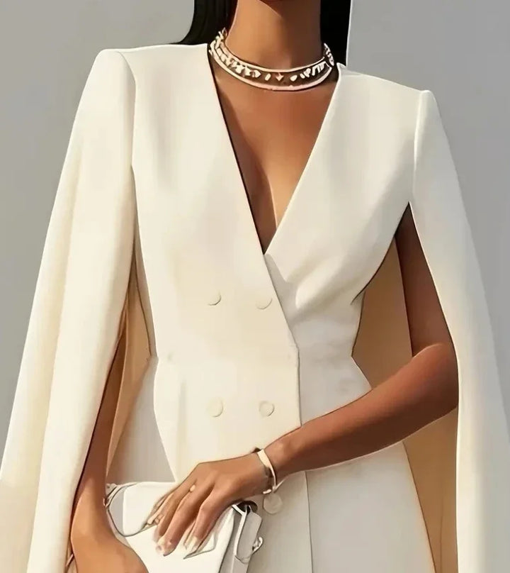 Chic women's office mini dress. Double-breasted & cape-sleeved, ideal as workwear or for business casual.