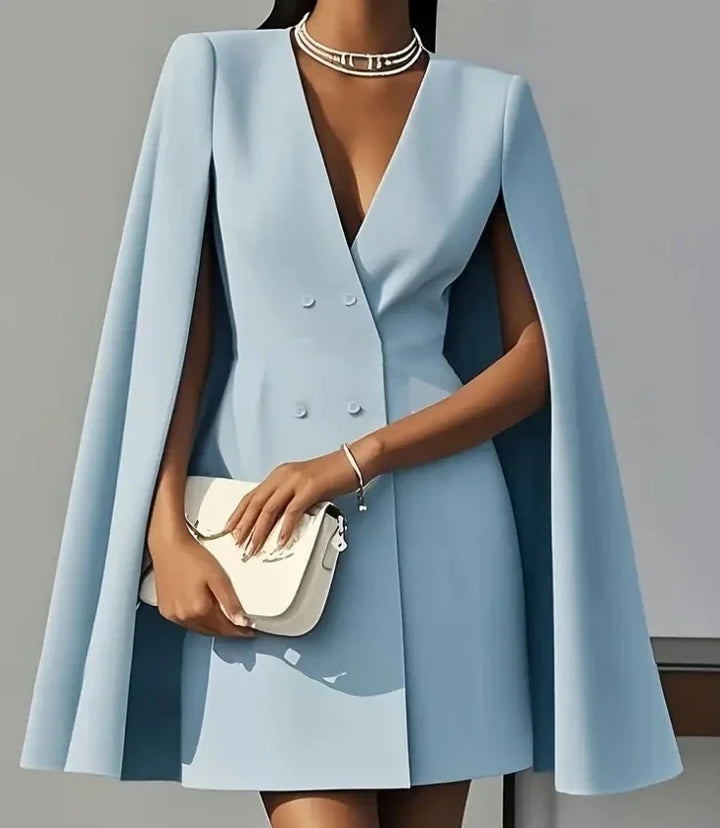 Women's double-breasted mini dress. Formal cocktail party or work office dress with unique cape sleeves.