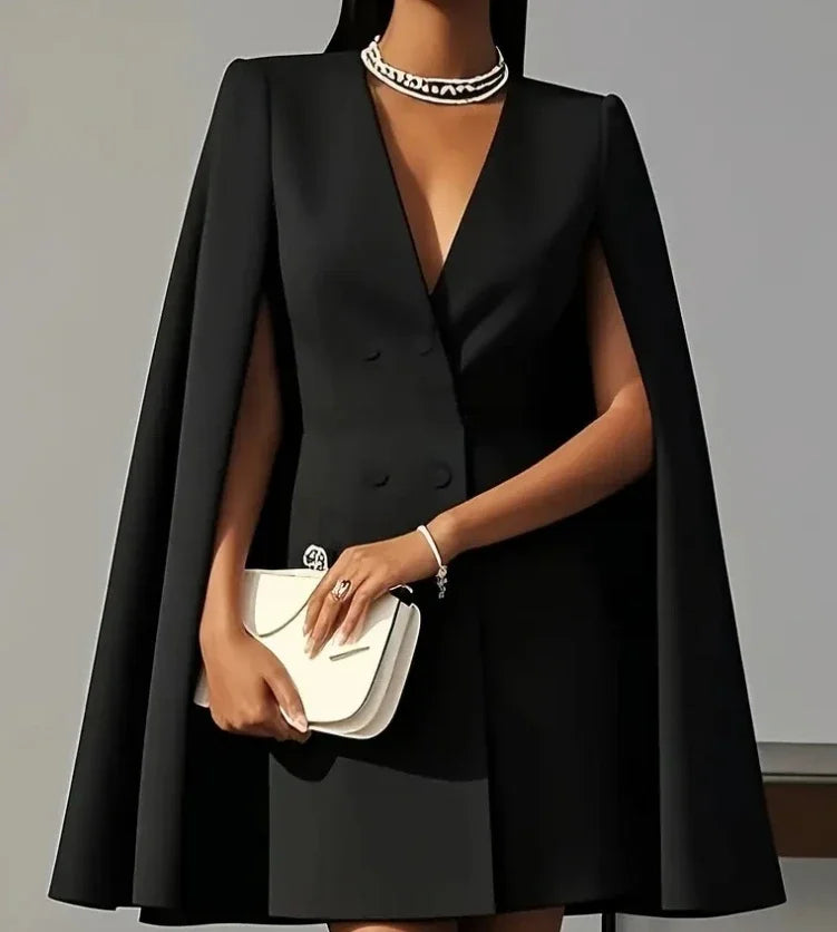 Stylish women's mini dress. A double-breasted design with elegant cape sleeves creates a sophisticated silhouette.