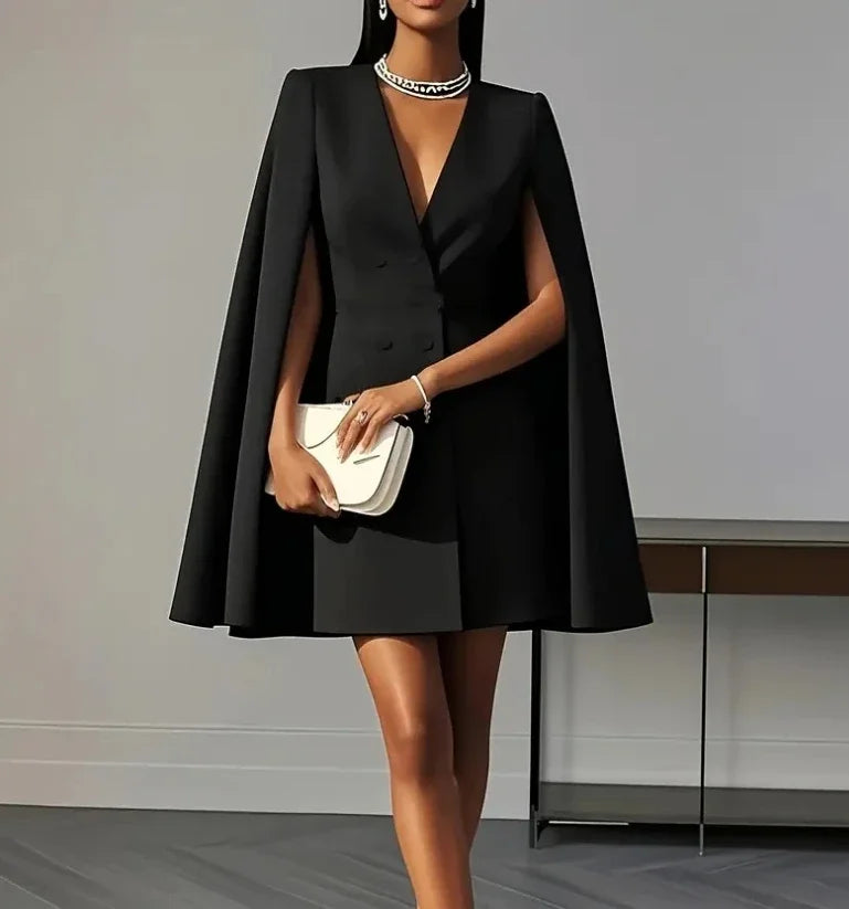 Perfect women's party mini dress. Double-breasted and cape-sleeved, offering an elegant and sophisticated look.