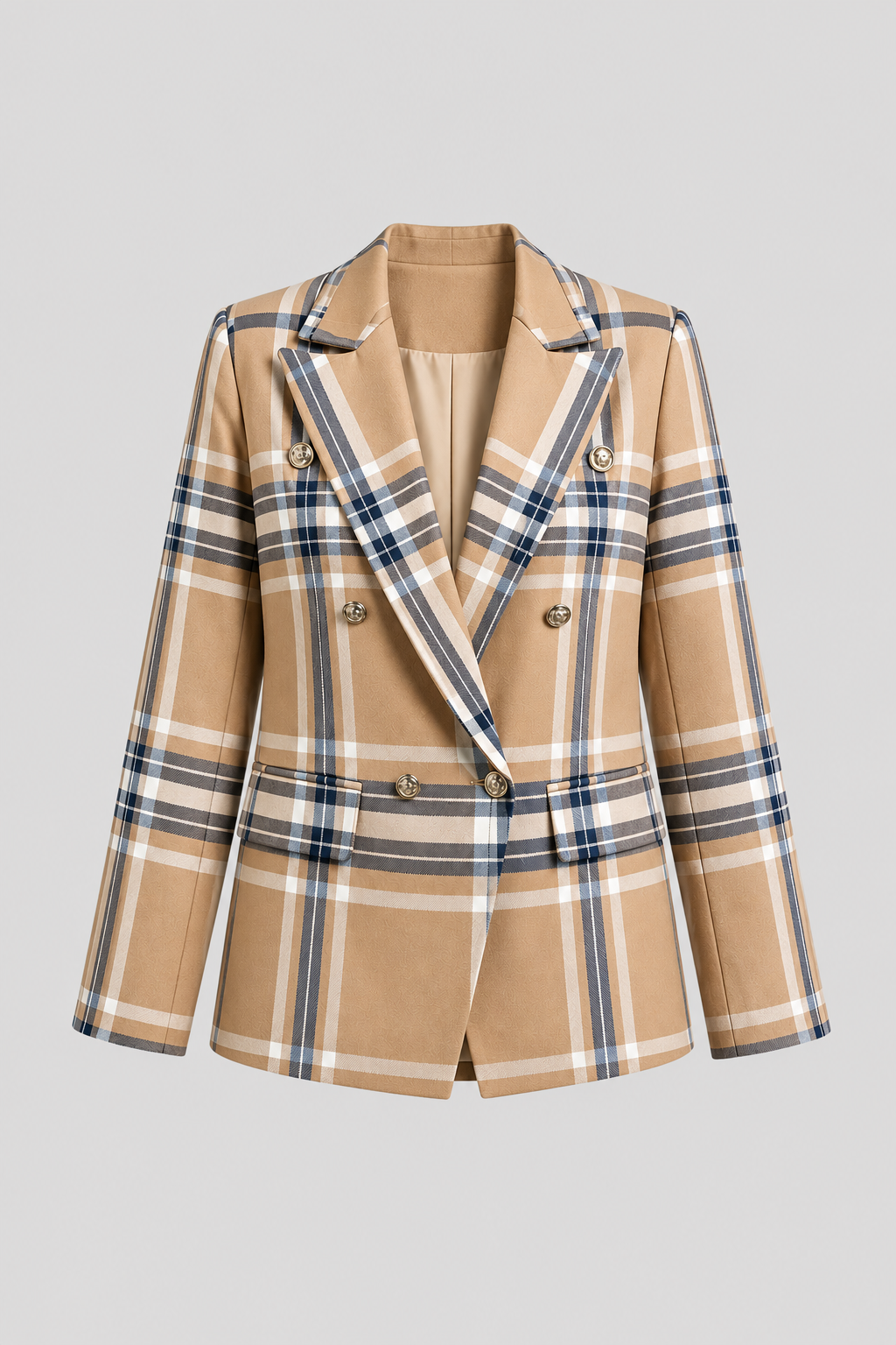 Women's double-breasted plaid blazer. Stylish, long-sleeve, perfect for professional, office, or business casual wear.