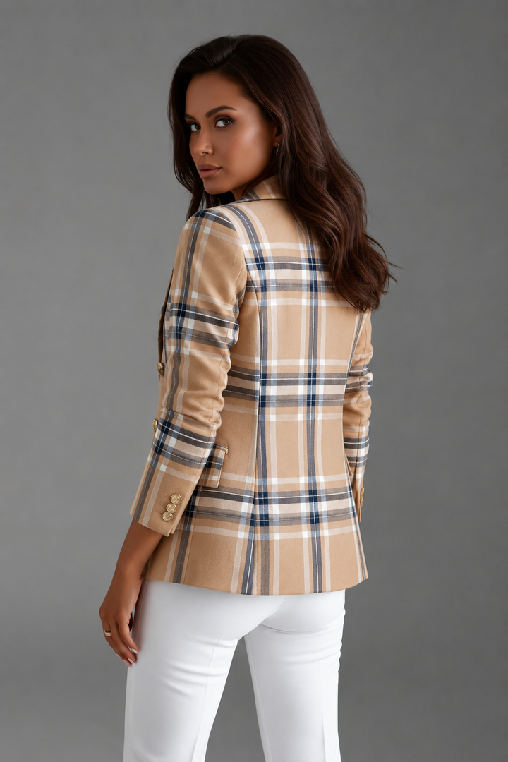 Professional women's plaid blazer. Double-breasted jacket, ideal for office, business casual, or elegant smart casual looks.