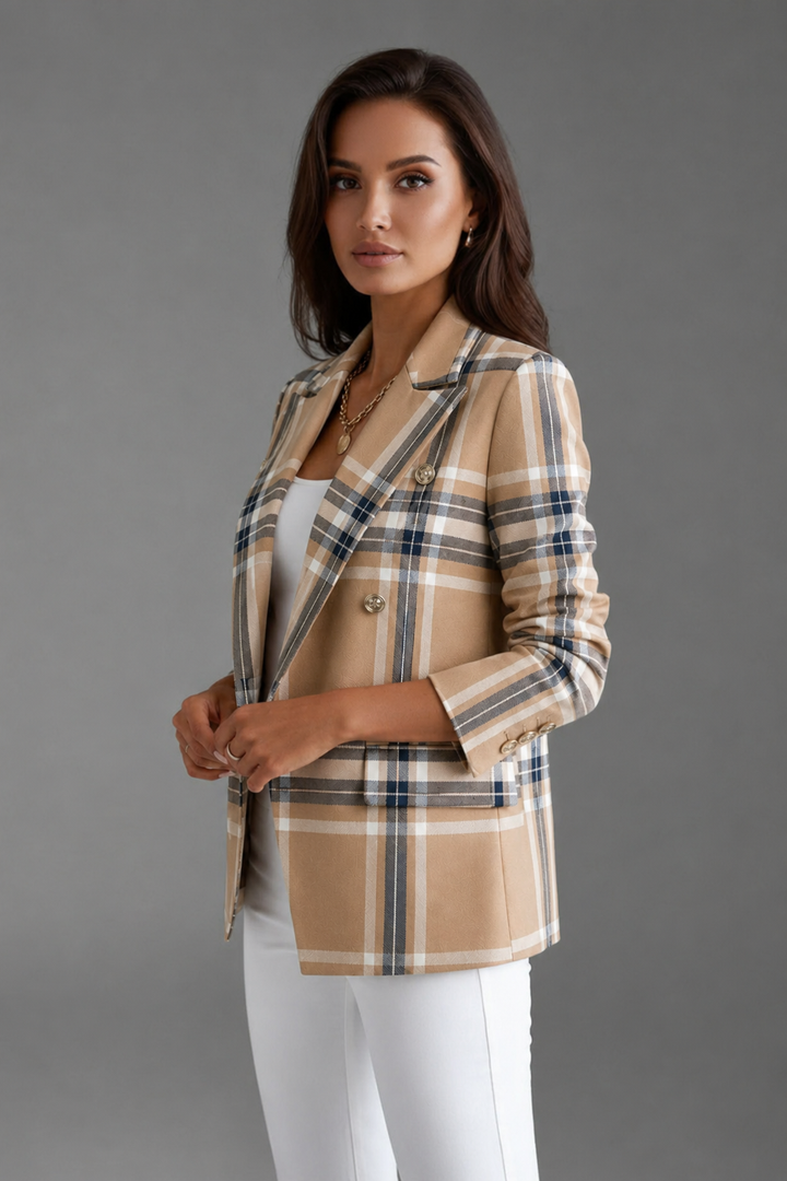 Stylish women's plaid blazer with double-breasted design. A long-sleeve chic jacket for office & business fashion.