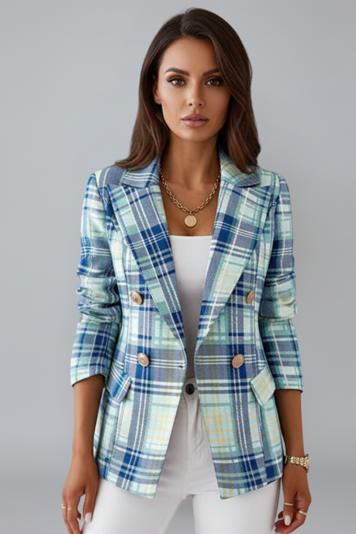 Fashionable women's plaid jacket. Double-breasted blazer for professional wear, office style, or smart casual outfits.