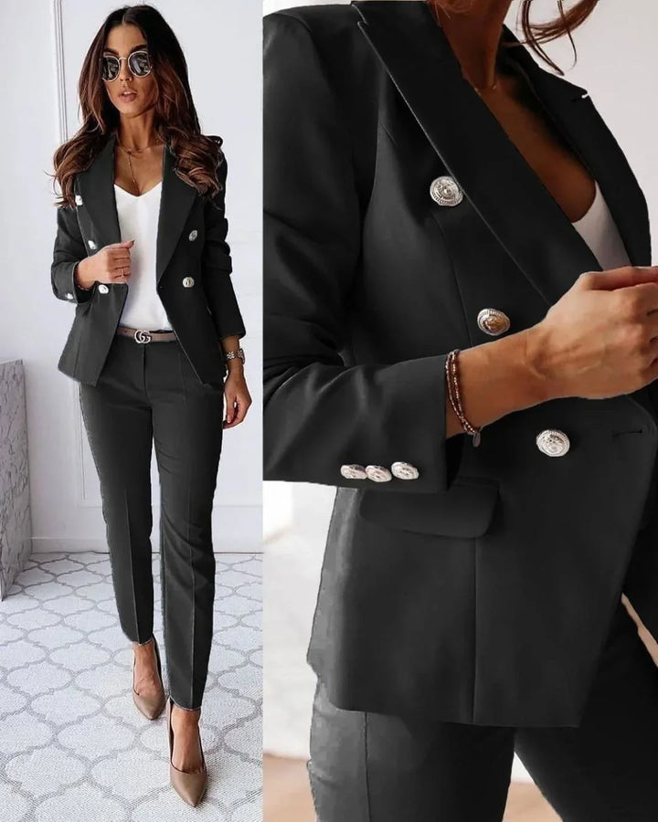 Women's double-breasted tailored suit set. Elegant two-piece for office, business & formal professional wear.