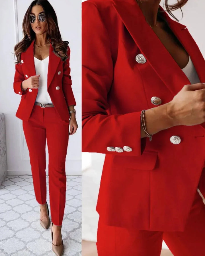 Professional women's tailored trousers, matched with a double-breasted blazer for a complete business suit.