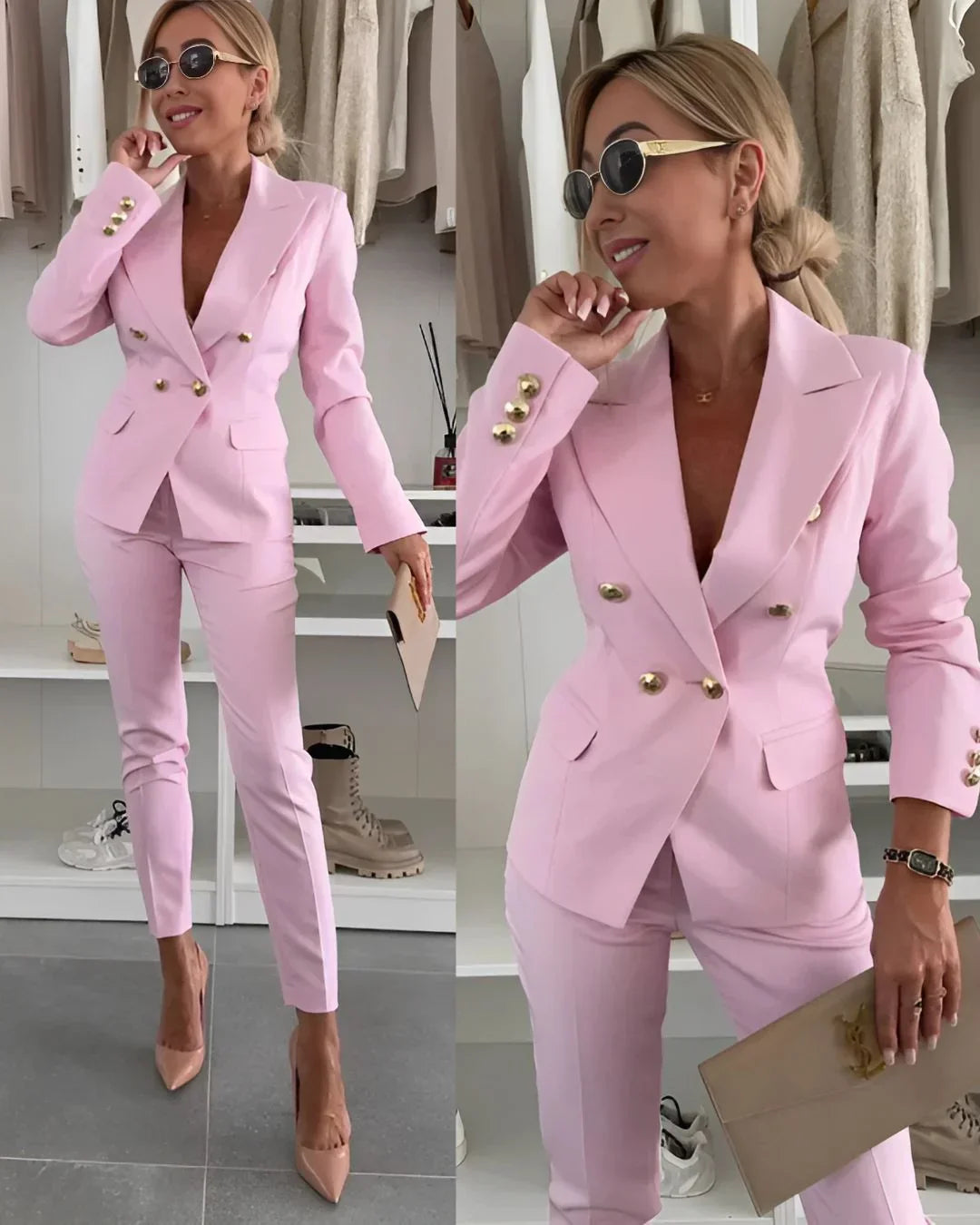 Full view of elegant women's double-breasted business suit: tailored blazer & trousers, perfect for formal wear.