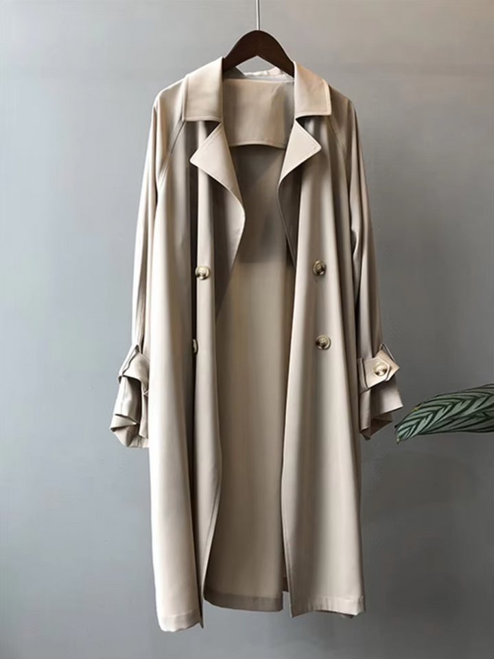 Classic women's all-weather double-breasted trench coat, a sophisticated long coat for spring & autumn.