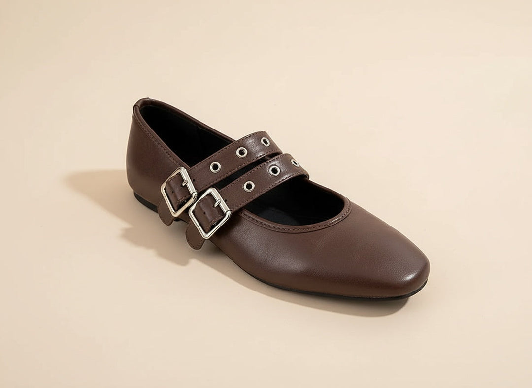 Comfortable women's double strap mary jane flats. Stylish almond toe buckle shoes for everyday elegant footwear.