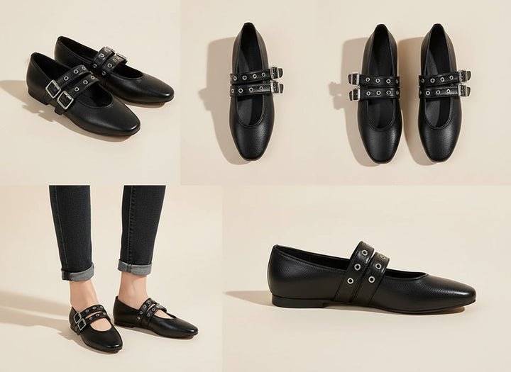 Elegant women's almond toe flats with double buckle straps. Chic and stylish footwear for office & casual outfits.