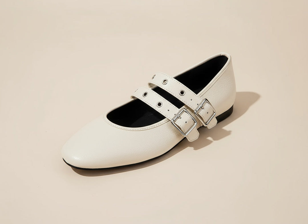 Modern women's double buckle almond toe flats. Comfortable and stylish shoes, ideal for smart casual & office wear.