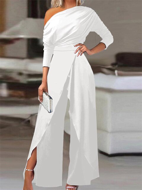 Women's draped one-shoulder wide leg jumpsuit, perfect for elegant evening, cocktail, or party wear.