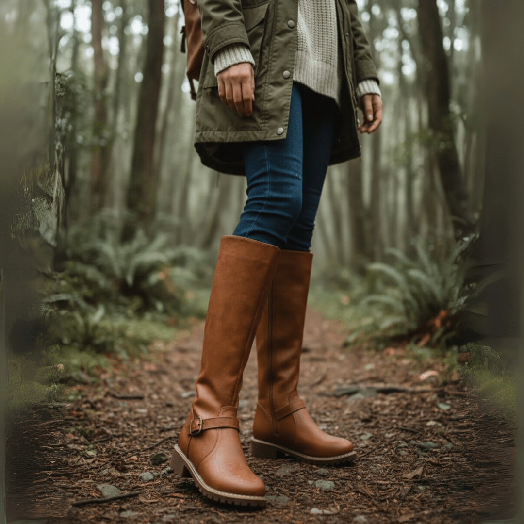 Side view of women's fashion boots featuring comfort gel insoles and durable construction.