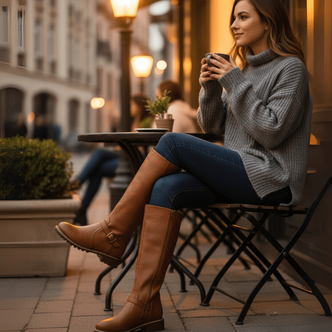 Close-up of durable material on women's winter boots with comfort gel insoles for support.