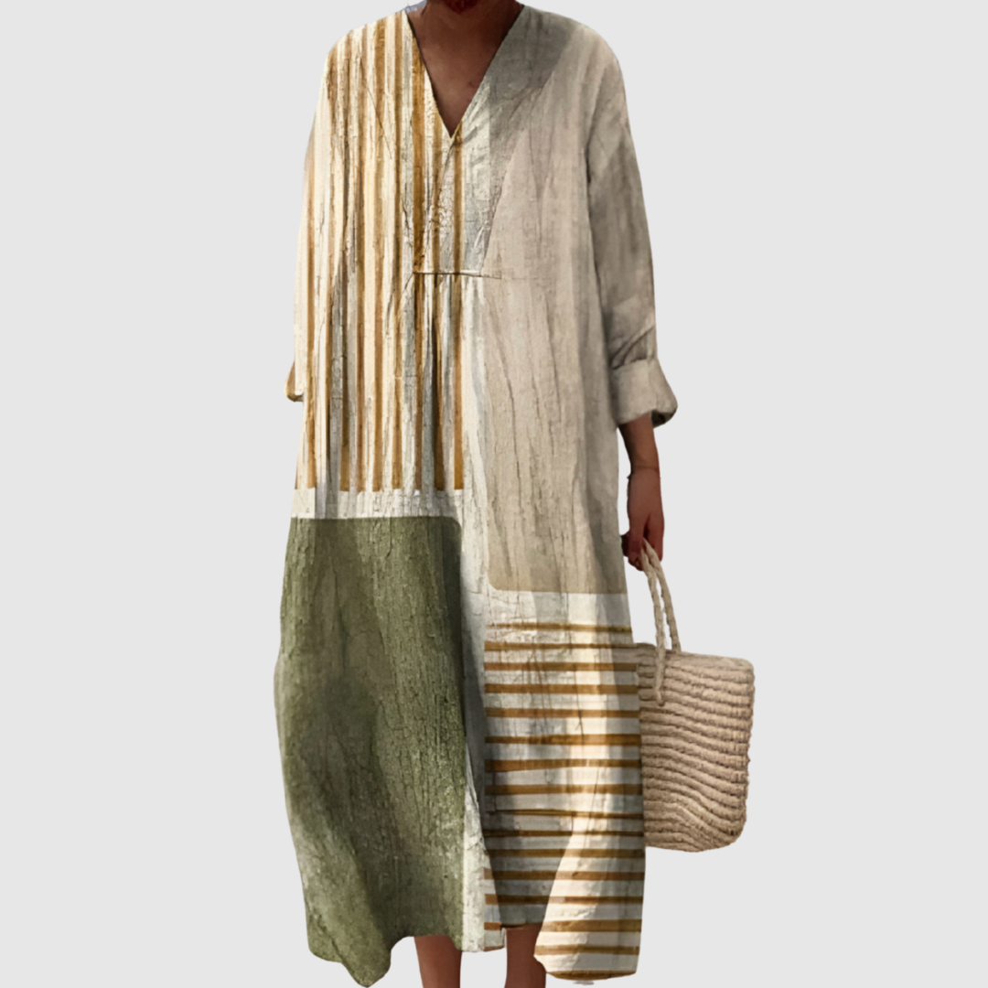 Women's earth-tone abstract panel maxi dress with color block design, elegant & flowy for versatile fashion.