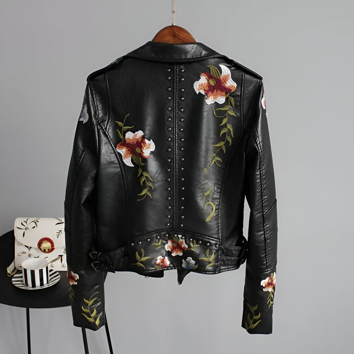 Chic women's statement jacket, black with embroidered floral patterns & studded details for an edgy look.